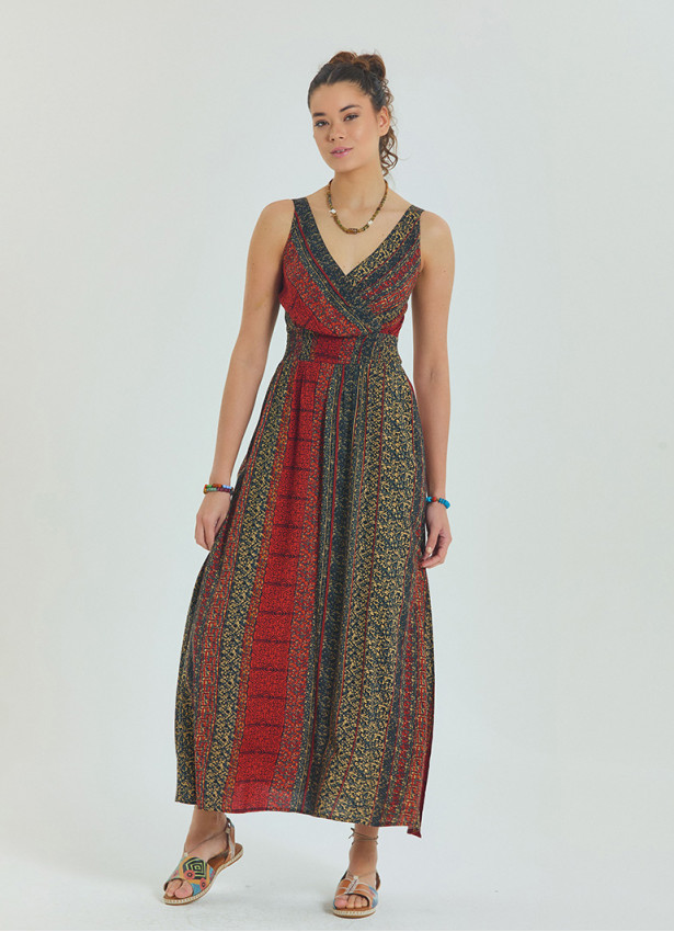 P V Neck Double Breasted Long Tile Dress 4559